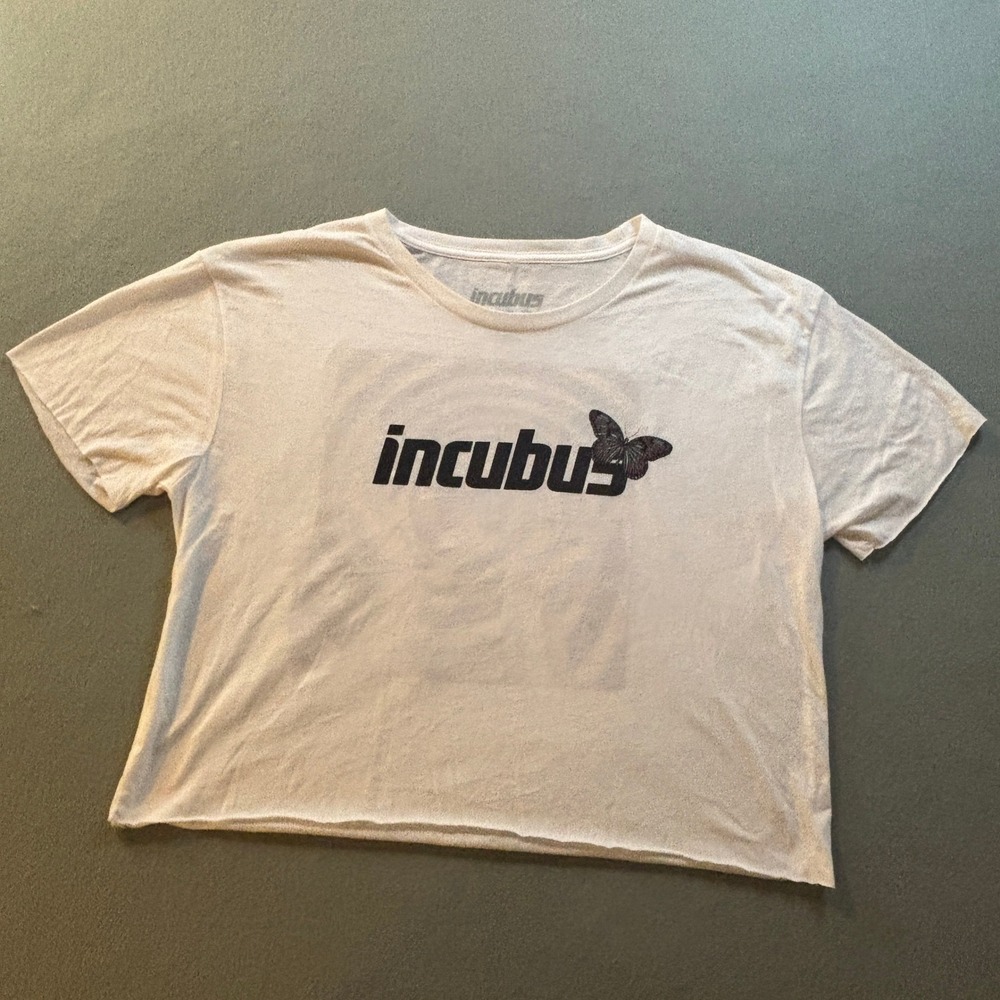 Incubus Band Crop Top Womens XXL White Butterfly Hands Spiral Alt Rock